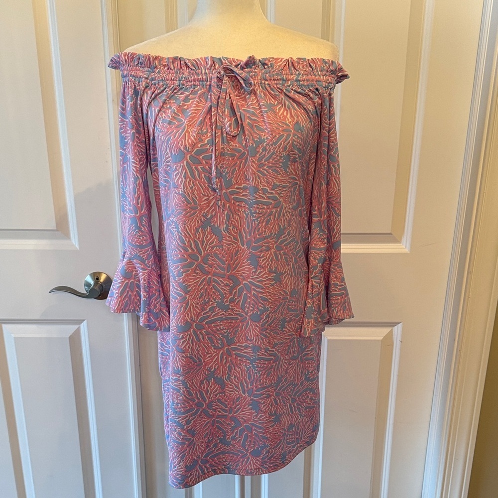 La Mer Luxe Off-Shoulder Tropical Pink, Blue and White Dress